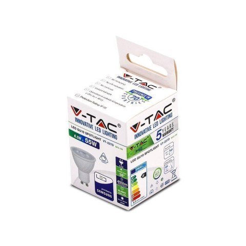 Żarówka LED V-TAC SAMSUNG CHIP 6.5W GU10 38st Ściemnialna VT-227 6400K 450lm 5 Lat Gwarancji