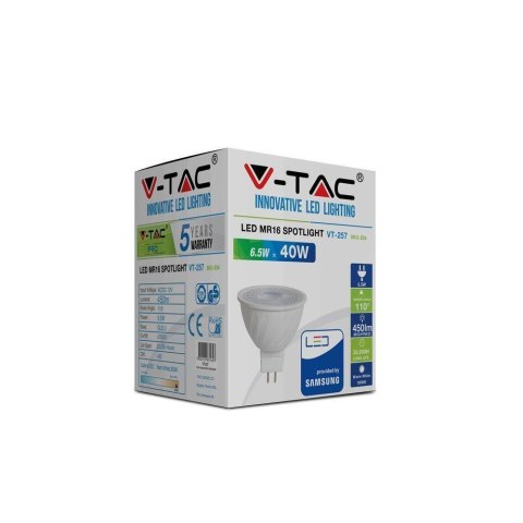Żarówka LED V-TAC SAMSUNG CHIP 6.5W GU5.3 MR16 12V 110st VT-257 6400K 450lm 5 Lat Gwarancji