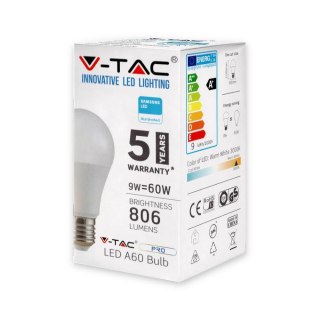Żarówka LED V-TAC SAMSUNG CHIP 9W E27 A60 VT-210 4000K 806lm 5 Lat Gwarancji