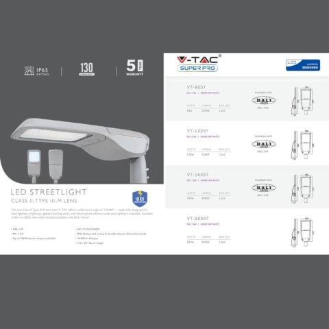 Oprawa Uliczna LED V-TAC SAMSUNG CHIP 120W 302Z+ Class II Type 3M 0-10V VT-120ST 4000K 15600lm 5 Lat Gwarancji