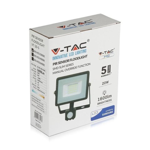 Naświetlacz Projektor LED V-TAC 20W SAMSUNG CHIP Czujnik Ruchu Funkcja Cut-OFF Czarny VT-20-S-W 4000K 1600lm 5 Lat Gwarancji