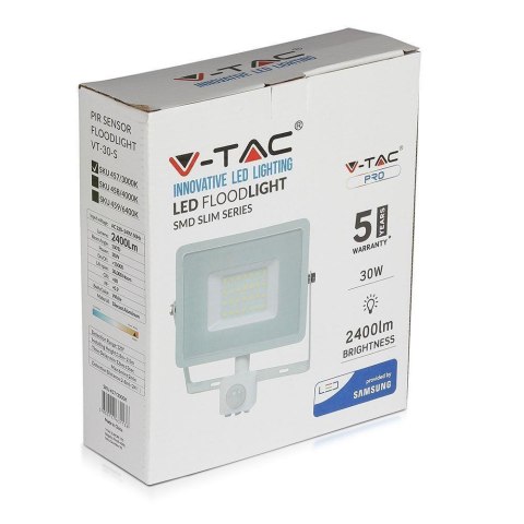 Naświetlacz Projektor LED V-TAC 30W SAMSUNG CHIP Czujnik Ruchu Funkcja Cut-OFF Biały VT-30-S-W 6400K 2400lm 5 Lat Gwarancji