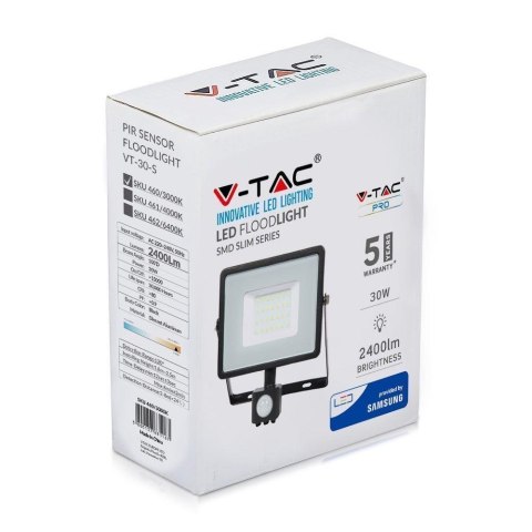 Naświetlacz Projektor LED V-TAC 30W SAMSUNG CHIP Czujnik Ruchu Funkcja Cut-OFF Czarny VT-30-S-B 3000K 2400lm 5 Lat Gwarancji