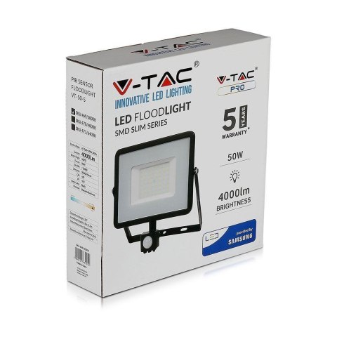 Projektor LED V-TAC 50W SAMSUNG CHIP Czujnik Ruchu Funkcja Cut-OFF Czarny VT-50-S-B 4000K 4000lm 5 Lat Gwarancji