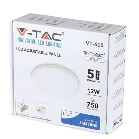 Panel V-TAC 12W LED Regulowany SAMSUNG CHIP Okrągły 120x32mm VT-610RD 3000K 750lm 5 Lat Gwarancji