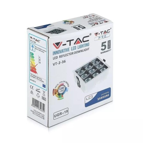 Oprawa V-TAC Downlight SAMSUNG CHIP 36W UGR19 CRI90+ 36st VT-2-36-1 5700K 2880lm 5 Lat Gwarancji