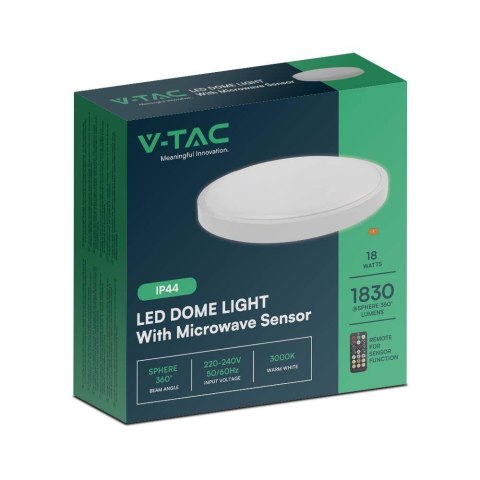 Plafon V-TAC 18W LED Okrągły 25cm Natynkowy Pilot Czujnik Ruchu IP44 Biały VT-8618S 6500K 1830lm