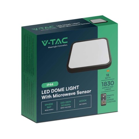Plafon V-TAC 18W LED Kwadrat 30x30cm Natynkowy Pilot Czujnik Ruchu IP44 Czarny VT-8618S 4000K 1830lm