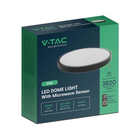 Plafon V-TAC 36W LED Okrągły 42cm Natynkowy Pilot Czujnik Ruchu IP44 Czarny VT-8630S 4000K 3820lm