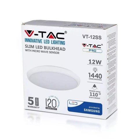 Plafon LED V-TAC Czujnik Mikrofalowy SAMSUNG CHIP 12W SLIM IP65 fi27cm VT-12SS 3000K 1440lm 5 Lat Gwarancji