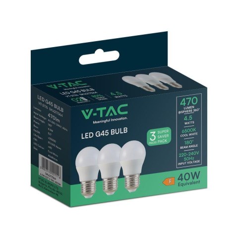 Żarówka LED V-TAC 4,5W E27 G45 P45 Kulka (Opak. 3szt) VT-2176 6500K 470lm