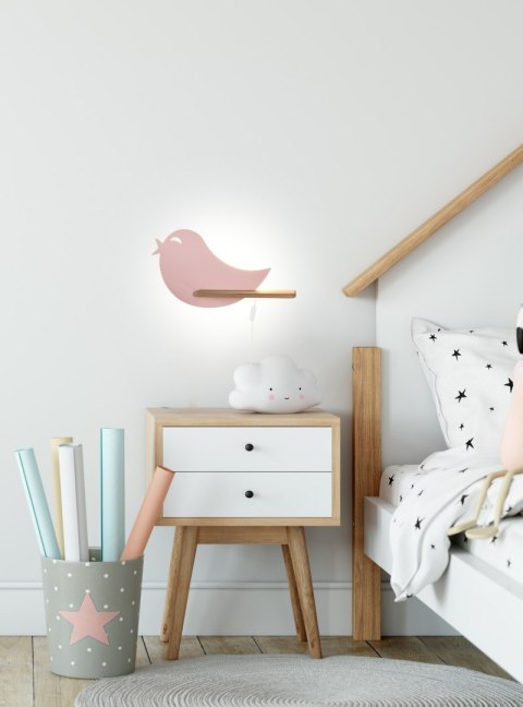 Lampa ścienna BIRD IQ Kids – różowa (5W LED, 4000K) z przewodem, włącznikiem i wtyczką