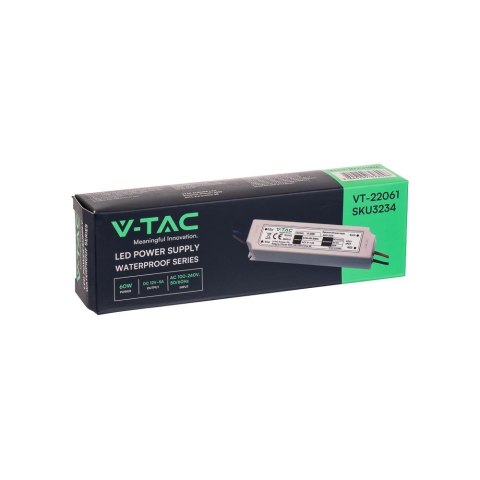 Zasilacz LED V-TAC 60W 12V 5A IP67 Hermetyczny Filtr EMI VT-22061