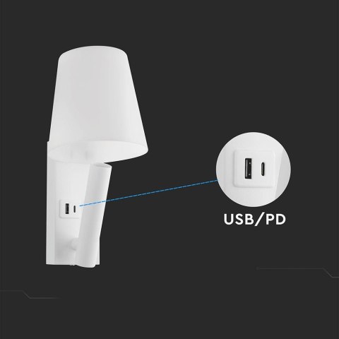 Oprawa LED V-TAC 2W COB CREE kinkiet biały hotel łóżko USB+USB C klosz VT-80062-W 3000K 60lm 2 lata Gwarancji