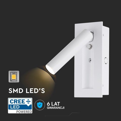 Oprawa LED V-TAC 2W COB CREE kinkiet biały hotel łóżko włącznik VT-88061-W 3000K 76lm 2 lata Gwarancji