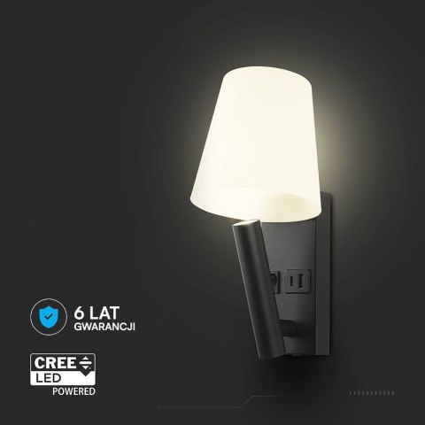 Oprawa LED V-TAC 2W COB CREE kinkiet czarny hotel łóżko USB+USB C klosz VT-88062-B 3000K 60lm