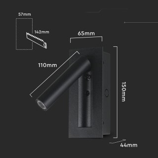 Oprawa LED V-TAC 2W COB CREE kinkiet czarny hotel łóżko włącznik VT-88061-B 3000K 76lm 2 lata Gwarancji