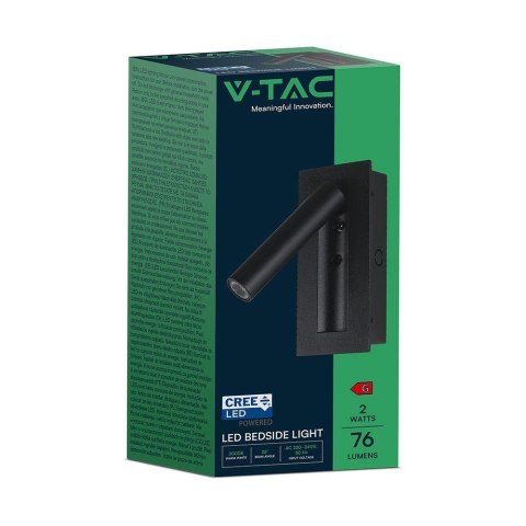 Oprawa LED V-TAC 2W COB CREE kinkiet czarny hotel łóżko włącznik VT-88061-B 3000K 76lm 2 lata Gwarancji