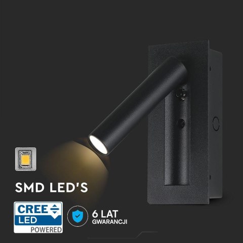 Oprawa LED V-TAC 2W COB CREE kinkiet czarny hotel łóżko włącznik VT-88061-B 3000K 76lm 2 lata Gwarancji