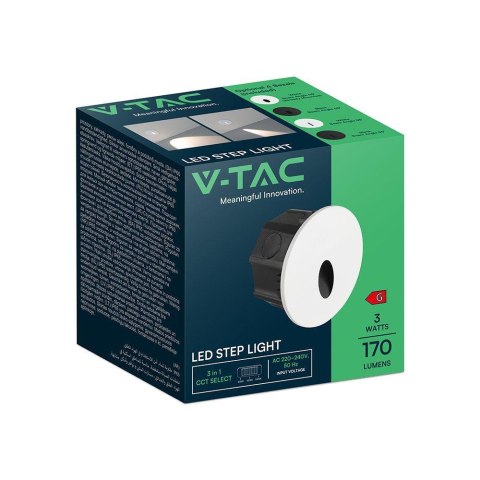 Oprawa schodowa wymienne fronty 3W LED V-TAC biała / czarna okrągła 230V IP65 3w1 CCT VT-10184 3000K-4200K-6400K 170lm 3 lata gw