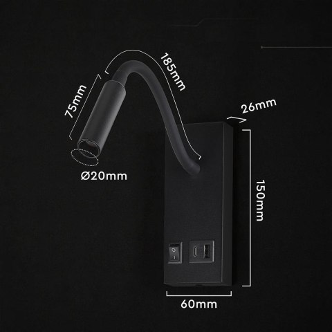 3W LED BEDSIDE LIGHT WITH CREE CHIP WITH USB & TYPE C CABLE CCT: 3000K 6YRS WARRANTY