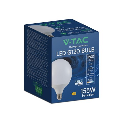 Żarówka LED V-TAC CREE CHIP 22W E27 kula glob G120 120Lm/W VT-242 6500K 2600lm 6 lat gwarancji