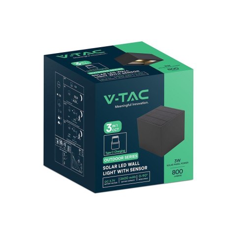 Oprawa ścienna solarna/USB V-TAC 9W LED COB czarna kostka 15x15cm IP65 czujnik ruchu VT-409CCT 3000K-4000K-5000K 800lm